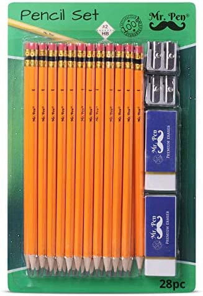 Mr. Pen- Pencils with Sharpener and Eraser, 24 Pencils, 2 Metal Pencil  Sharpeners, 2 Erasers, Pencils and Sharpener, Pencil and Sharpener Set,  School Supplies, Pencil with Sharpener, Erasers for Kids 